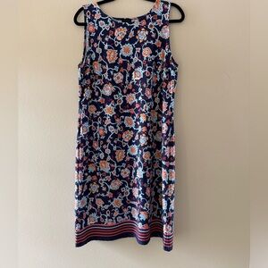 Talbots Navy Floral Midi Dress with Coral and Light Blue Accents